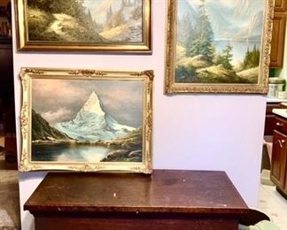 Signed & framed vintage paintings, antique wooden trunk