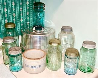Antique glass jars, aluminum cake/pie keeper, Cloverdale Butter 1# crock