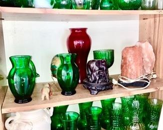 Many forest green vases, elephant pottery vase, rock lights