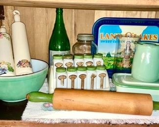 Pyrex bowl, ceramic & wood rolling pins, milk glass spice set, Land O' Lakes tray, enamel creamer & refrigerator container 