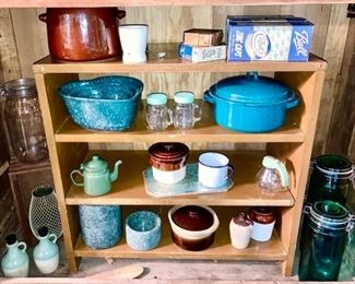 Misc. enamel ware, stoneware, vintage zinc canning jar lids, etc.