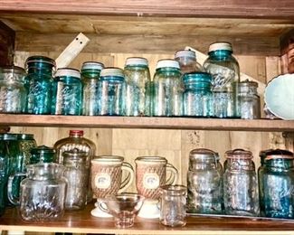 Antique glass canning jars (aqua & clear), 4 elephant stoneware mugs