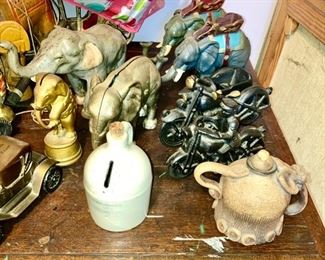 Misc. banks, antique & reproduction, signed pottery light w/ wick, cast iron elephant figure