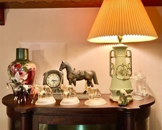 Large hand painted vase (chip on back of top rim), metal horse clock, vintage lamp, glass elephant figures, etc.
