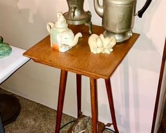 Antique wooden side table, aluminum coffee server and coffee pot, elephant collectibles