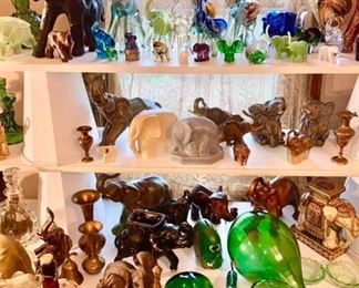 Elephant collectibles, glass bottles, brass collectibles