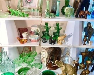 Green glass, depression glass, green to clear cut glass bowl, elephant collectibles, dresser lamps, flower prints