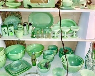 Jadeite kitchen collectibles, Crosley vintage radio, green glassware