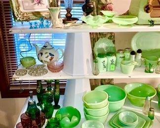 Glassware, Jadeite kitchen collectibles, framed flower print, dresser lamp
