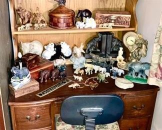 Vintage wooden desk, shelf, elephant collectibles