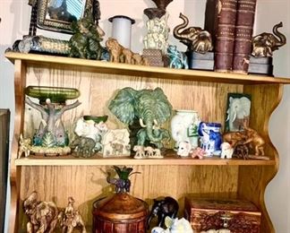 Elephant collectibles, antique books, etc.
