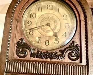 Antique grandfather clock, beads & column design, applied moldings, view with door closed