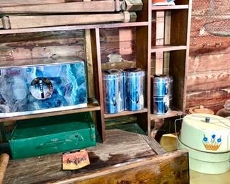 Metal Bread box, matching canister set, green metal cake/pie taker