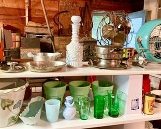 Flower pots, misc. glass, vintage fans, etc.