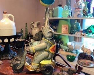 Vintage tin lithograph wind up elephant, 3 miniature cast iron elephants, one marked with a "H"