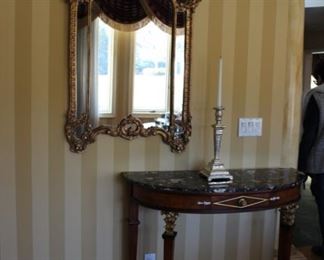 Pair Empire style marble top demilune console tables & pair gilt mirrors