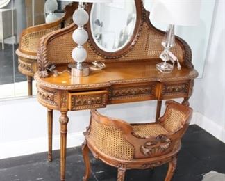 French style carved & cane vanity & stool