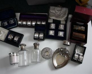 Assorted boxed vintage silver plate napkin rings & dresser top pieces