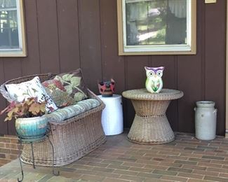 WICKER LOVE SEAT, WICKER TABLE, CERAMIC OWL WALL POCKET/PLANTER, CERAMIC DRUM TABLE, POTTERY BUTTER CHURN, METAL PLANT STAND