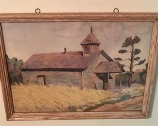 PRIMITIVE FRAMED WATERCOLOR PRINT BY HURLEY