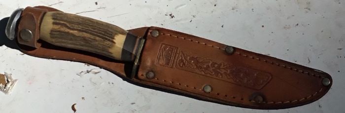 VINTAGE STAG HANDLE "WILDCAT" KNIFE & SHEATH (GERMANY)