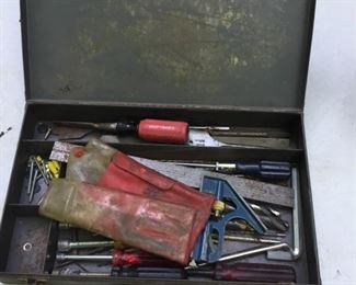 MISC. TOOLS IN METAL BOX LABELED N.C. STATE