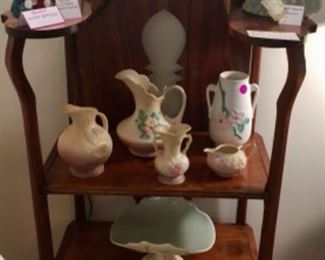 Antique etagere with brass accents. Chinese Cinnabar snuff bottles. Dresden lace lady made in occupied Japan, Jamar Dresden lace lady (antique), ceramics.