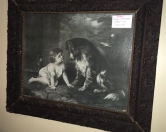 Antique lithograph of baby with dog and cat