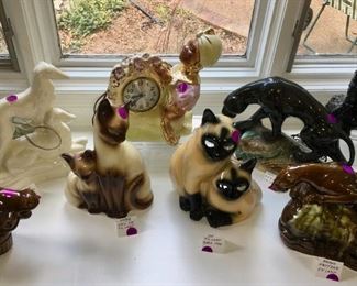 Aladdin mantle clock with movements by Sessions. Table lamps (most vintage) of several varieties, including Knoll poodle and bulldog, Art Nouveau floral, Claes 1954 Siamese cats, many animals (horse bust, owl, horses, big cat, black horses), more! 