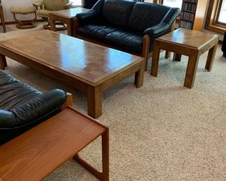 Vintage Ekornes Leather Sofa and Loveseat, Vintage Lane Oak Coffee Table and End Tables, Vintage Leather Ekornes Reclining Chair & Ottoman, Teak Swivel CD Storage, Vintage Teak Nesting Tables