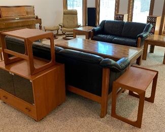 Vintage Ekornes Leather Sofa and Loveseat, Vintage Lane Oak Coffee Table and End Tables, Vintage Leather Ekornes Reclining Chair & Ottoman, Teak Swivel CD Storage, Vintage Teak Nesting Tables