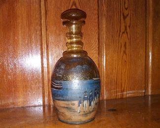 Early hand blown decanter with fabulous military naval hand painted scene.