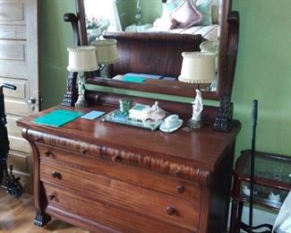 Wonderfully mahogany 5 drawer dresser & mirror-Empire style