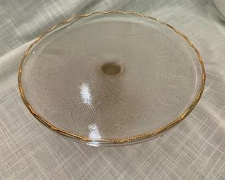 Vintage Jeanette Pressed Glass Harp Pedestal Cake Stand with gold trim