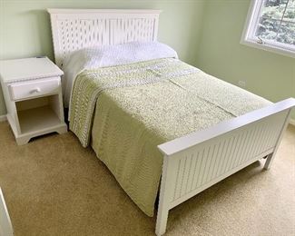 White Crate & Barrel Full Bed Frame $250, 
Mattress (54”w) $145 sold
Night Stand (20sq x 28h)$95
Bedding Sheet Set, Pillows/cases, 1 Blanket & Bed Quilt $35
$500 for complete set