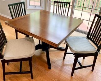 43” square x 29.5h square Pedestal Wood Table Underneath Panels pull up to form 60” Round Table w/ 4 chairs $350 