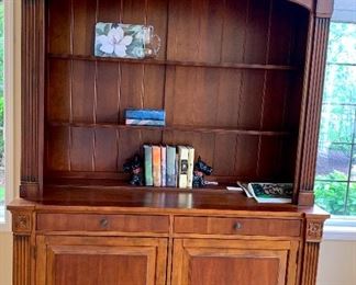 Bottom: Ethan Allen Buffet / Chest w/ Drawers & Shelves 64.5 w x 24 d x 35h
Shelved open Hutch top 55”h
Complete piece $500 obo