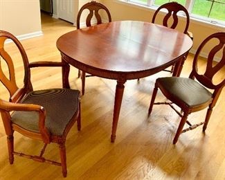 39 w x 55 x 29hLong Oval Cherrywood Table w/ (3) 18” leaves & 4 carved top Chairs $395 for set. Chairs $49ea, Table w/ 3 leaves $200