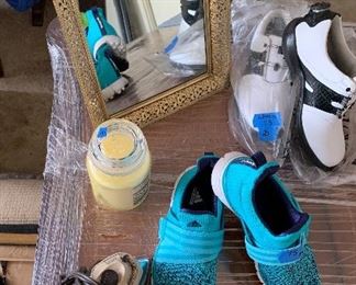 Hinged Back Gold metal framed Mirror or vanity tray $10
New Yankee Candle $5
Whirlpool & black Cleat Women’s Foot Joy sz 7.5  $25
Aqua 7.5 $45sold
Iron $5
