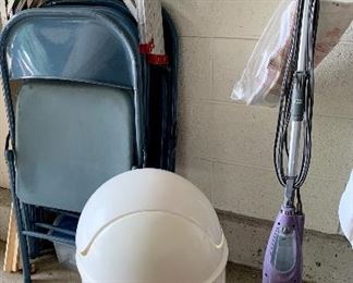 Large Swing top round Garbage can $8
Shark power chord  Steam  Mop w/ mop heads $35
4 Blue padded seat folding chairs Sold