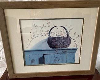 Framed & double matted blue cabinet w/ basket 22.5w x 18.5h $12