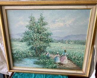 28w x 24h Gold Framed oil of 3 girls in valley by Pond $18