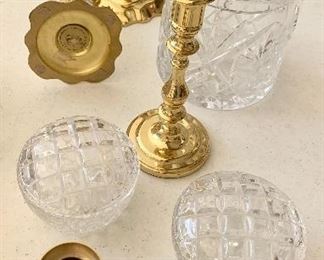 Short Baldwin Brass $18
Pair of brass candlesticks  $24
Crystal Biscuit Jar $20
2 covered crystal dishes. 2 for $15