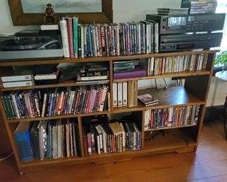 books, DVDs., turn table, receiver etc