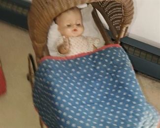 doll carriage, wicker with doll