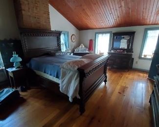 gorgeous high back headboard and footboard with matching chest, dresser and mirror