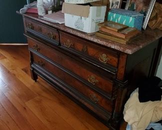 marble top dresser, brass hardware, walnut burl