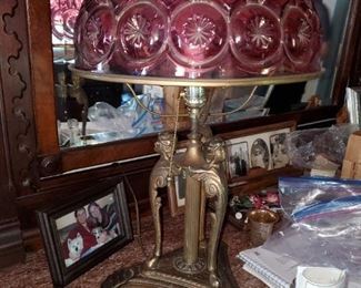 cut ruby glass lamp, brass base