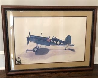 Vintage WWII fighter aircraft signed and numbered print.    Signed by Pappy Boyington.  