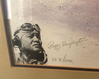 Vintage WWII fighter aircraft signed and numbered print.    Signed by Pappy Boyington.  